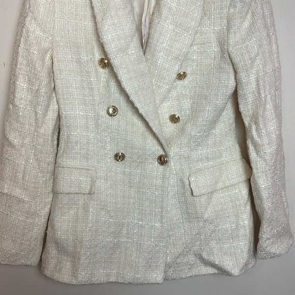 Zara Double Breasted Embossed Tweed Tailored Fit Ecru White Blazer Jacket - Picture 11 of 16